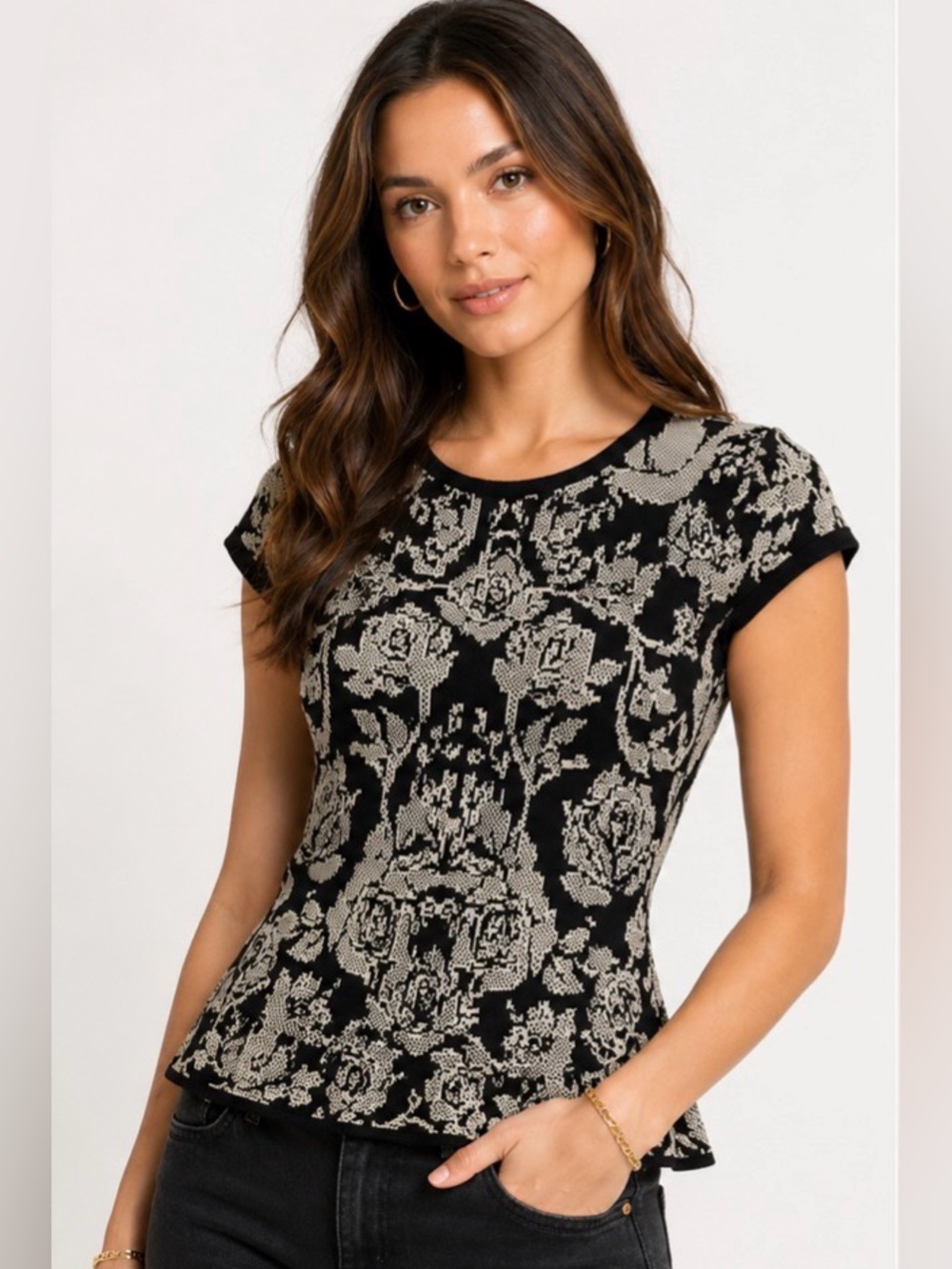 Torn by Ronny Kobo Black Cream Floral Jacquard Knit Peplum Top XS Zip Back